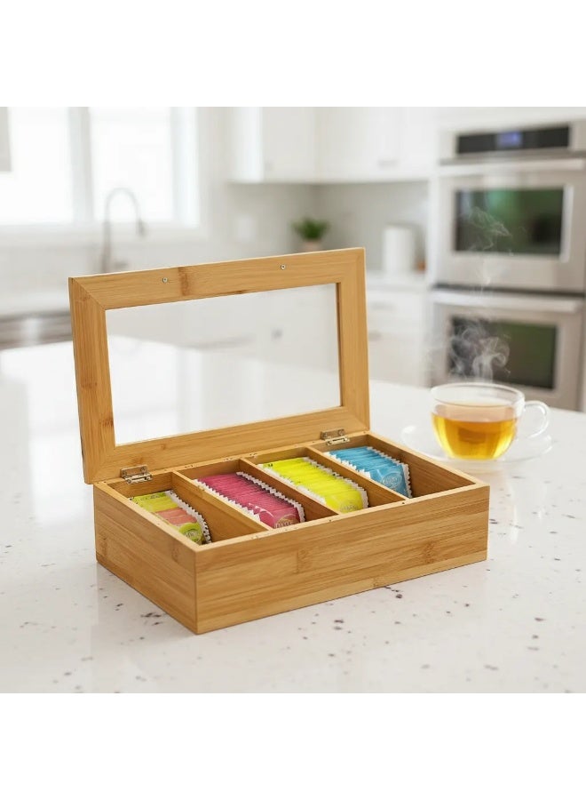 صندوق شاي خشبي أنيق بـ4 حجرات كبيرة وغطاء شفاف زجاجي، يرتب أكياس الشاي، الأعشاب، القهوة أو التوابل في مكان واحد، مثالي لتنظيم المطبخ أو المكتب بتصميم عصري ومتين. - Image 1